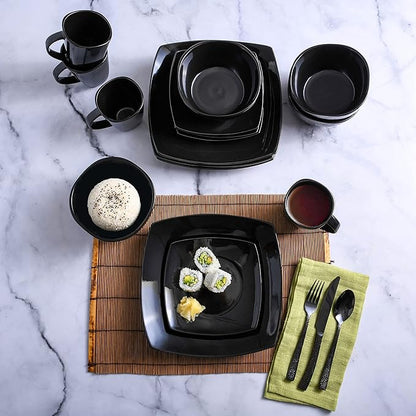 Gibson Elite Soho Lounge Square Reactive Glaze Stoneware Dinnerware Set, Service for 4 (16pc), Black