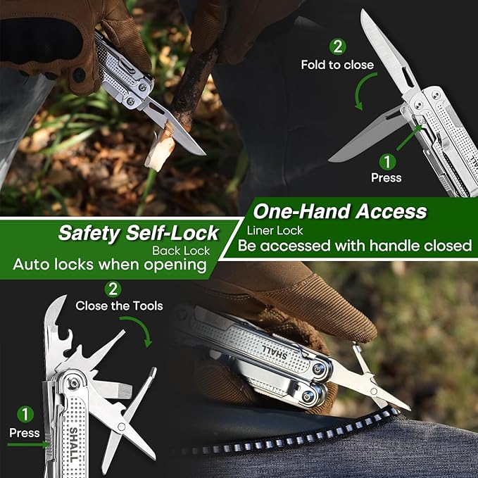 SHALL Multi Tool, 18-in-1 Multitool Pliers, Stainless Steel Multi-tool Pocket Knife w/Screwdriver Bit, Self-locking Multipurpose Tool w/Sheath for Camping Fishing Survival Hunting