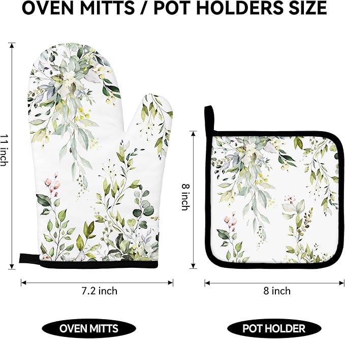 Eucalyptus Leaves Oven Mitts and Pot Holders Sets Sage Green Botanical Floral