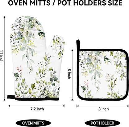 Eucalyptus Leaves Oven Mitts and Pot Holders Sets Sage Green Botanical Floral