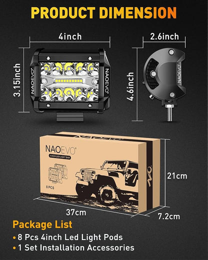 NAOEVO 4 Inch LED Pod Lights, 480W 48,000LM LED Fog/Driving/Off Road Lights with Spot Flood Combo, Cube Pods for Truck Boat ATV UTV Pickup, 8 Pcs (White)