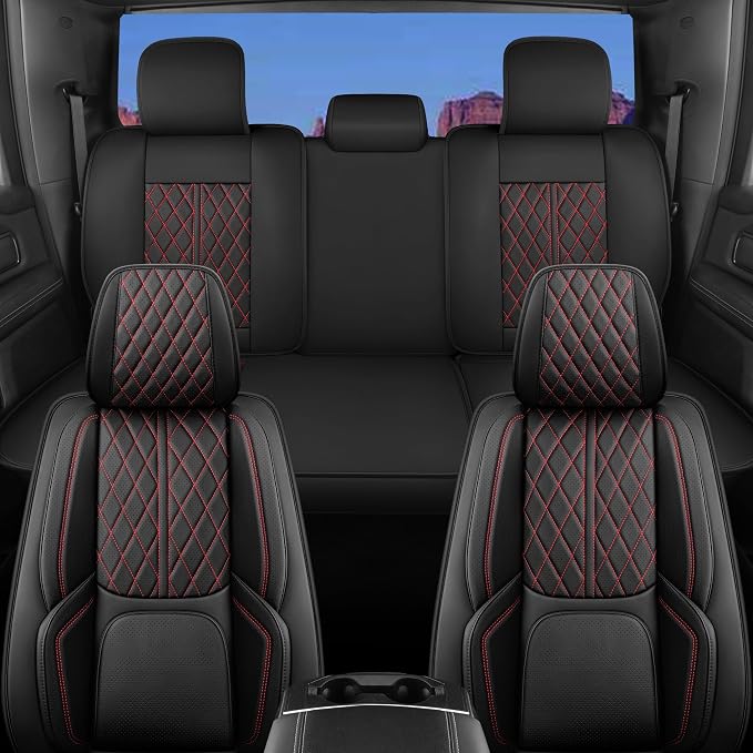 Custom Fit Chevy Silverado GMC Sierra 1500 2007-2026 2500/3500 HD Crew Cab Full Set Car Seat Covers - 5 Pack, Premium Faux Leather Truck Seat Protector with Airbag Compatible Design, BlackRedLine