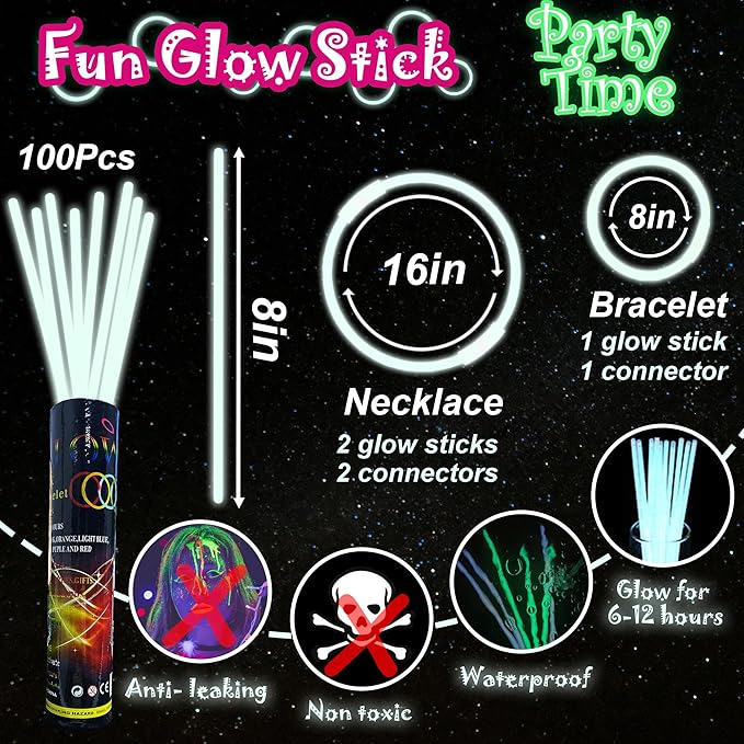ILHSTY 100 pk Glow Sticks Bulk Party Favors and Decorations - 8" Glow in the Dark Party Supplies For Halloween Neon Party Light up Glow sticks Necklaces & Bracelets (White*100)
