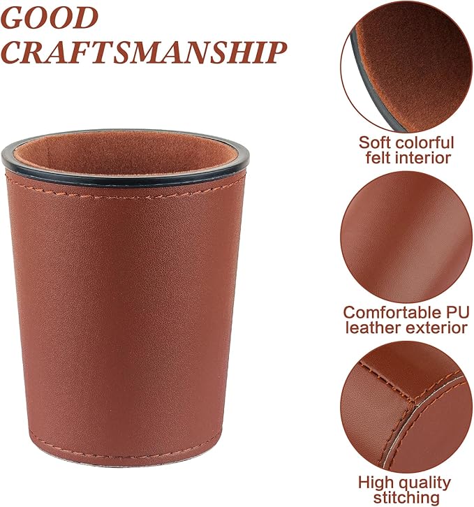 Felt-Lined PU Leather Dice Cup Set, 6 Quiet Shaker Cups With 36 Dice for Bar Party Yahtzee Farkle Games, Dark Brown