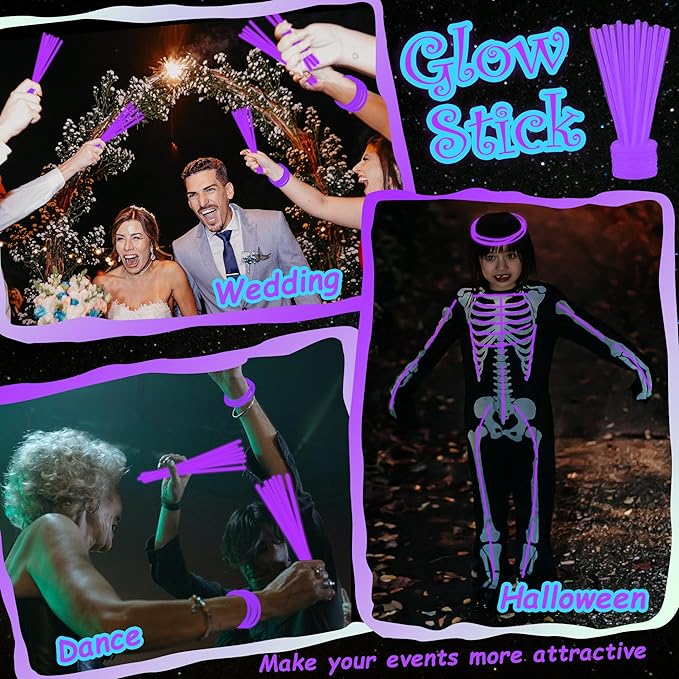 ILHSTY 100 Pcs 8'' Purple Glow Sticks Glow Necklaces In The Dark Party Favor Supplies Bright GlowSticks Bulk with Accessories for Christmas Halloween Easter Carnival Birthday Neon Party (Purple*100)