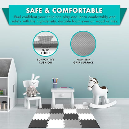 ProSource Foam Puzzle Floor Play Mat for Kids and Babies with Solid Colors, 36 or 16 Interlocking Tiles with Borders, Black/Grey/White