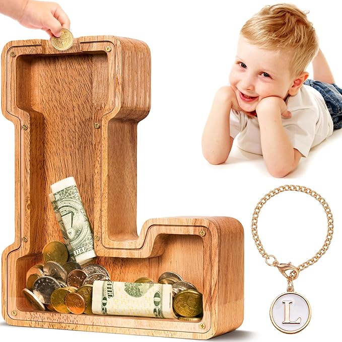 SummiDate Wooden Letter Piggy Bank| Piggy Bank for Boys Girls Toddler| Alphabet L Money Bank| Coin Bank Birthday Gift for Kids|Birthday Easter Gifts for Kids (L)