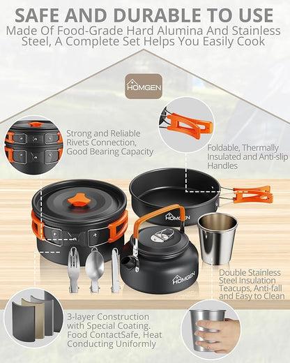 HOMGEN 12-Pieces Ultralight Anodized Aluminum Camping Cookware Set for 2 People - Nesting Pot/Pan with Foldable Handles 800ml Insulated Teapot & Stainless Cups for Camping Hiking