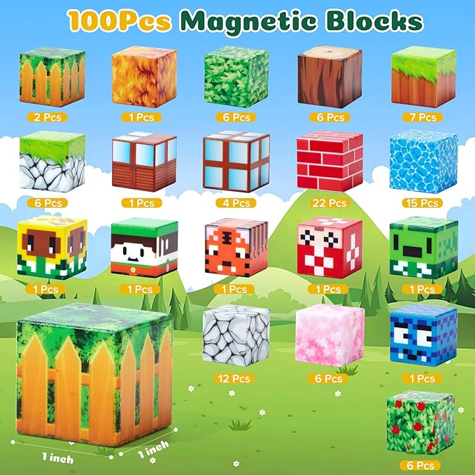 Magnetic Blocks, 100 PCS Magnetic Building Blocks, Forest Theme 1-Inch STEM Constructions Magnet Blocks for Boys Girls Ages 3+, Educational Sensory Stacking Toys for Kids Christmas Birthday Gifts