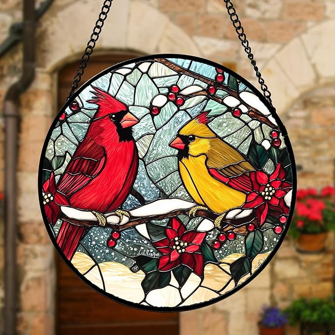 DASTOLL Stained Glass Window Hanging, Love Birds Cardinals Sun Catchers