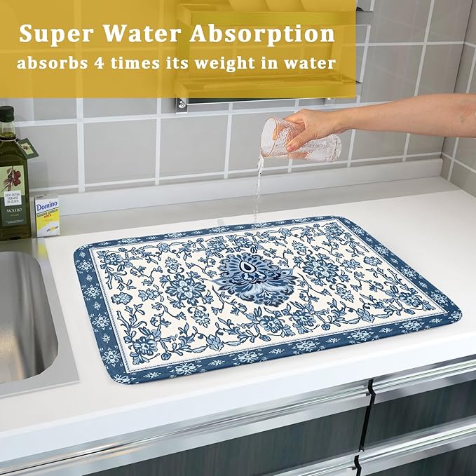 Boho Floral Blue Dish Drying Mat