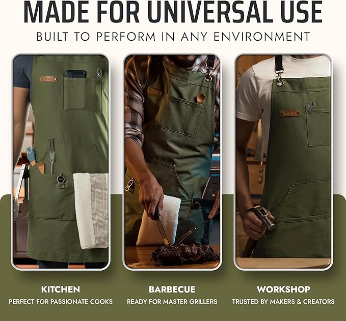 Asaya Chef and BBQ Apron with Bottle Opener and Hand Towel - 10oz Cotton Canvas