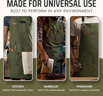 Asaya Chef and BBQ Apron with Bottle Opener and Hand Towel - 10oz Cotton Canvas