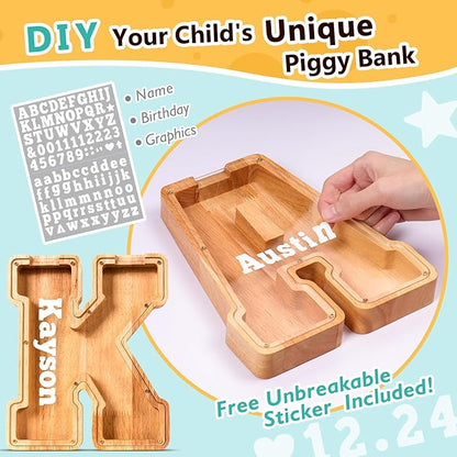 SummiDate Wooden Letter Piggy Bank for Kids| Piggy Bank for Boys Girls Toddler| Alphabet K Money Bank| Wood Coin Bank Personalized Birthday Gift for Kids (K)