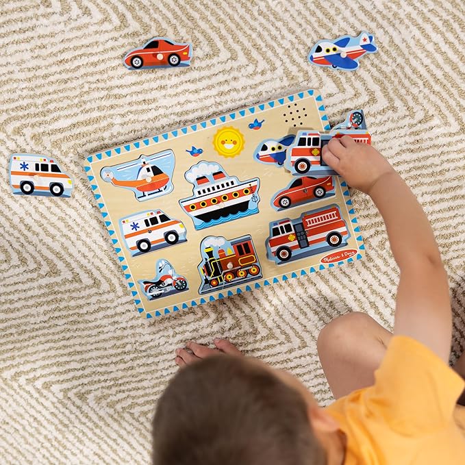 Melissa & Doug Vehicles Sound Puzzle – 8-Piece Wooden Peg Puzzle with Light-Activated Sounds, Music Learning Toy for Toddlers and Preschoolers Ages 2+