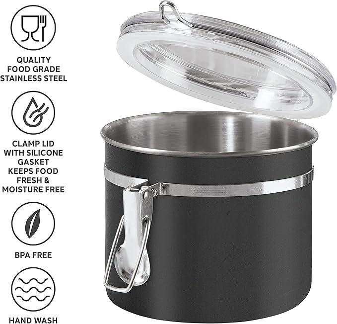 Oggi Stainless Steel Kitchen Canister 26 fl oz, Black - Airtight Clamp Lid, Clear See-Thru Top - Ideal for Kitchen Storage, Food Storage, Pantry Storage. Size 5" x 3.5".