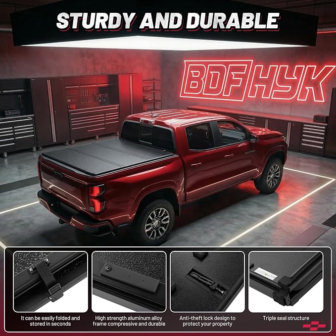BDFHYK Tri-Fold Truck Bed Tonneau Cover for Jeep Gladiator 2020–2026 5 FT Bed Heavy-Duty Truck Bed Protection Durable Aluminum Panels Hard Folding Tonneau Cover, Waterproof for Truck Camping