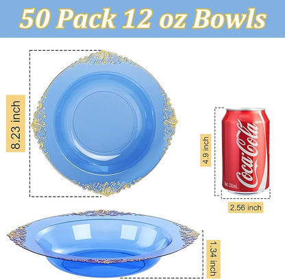Nervure 50PCS Blue Plastic Bowls with Gold Rim - 12oz Disposable Soup Bowls, Heavy Duty Salad Dessert Bowl Perfect For Weddings, Father's Day and Everyday Use