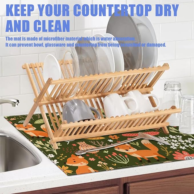 Cute Fox Dish Drying Mat for Kitchen Counter Animals Drying Pad Absorbent