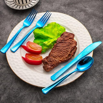 Supernal 240pcs Blue Plastic Silverware,Party Disposable Utensils,Plastic Silverware Heavy Duty Include 80 Forks,80 Knvies,80 Spoons,Premium Disposable Cutlery Shine Blue for Birthday,Party