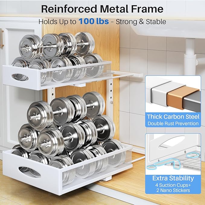 Under Sink Organizer, 2 Pack 2 Tier Pull Out Under Cabinet Organizer Shelf