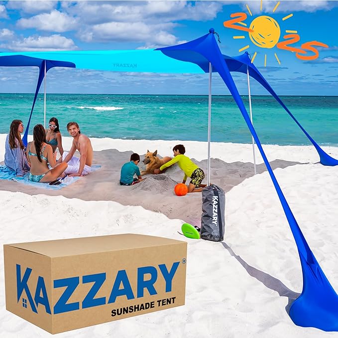 Beach Tent UPF50+ Sun Shade Canopy with Sandbags, 4 Stability Poles, Ground Pegs, Flying Disc Sand Shovel, Lightweight Sunshade Shelter, 7ft Tall for Outdoor Trips, Camping and Sports