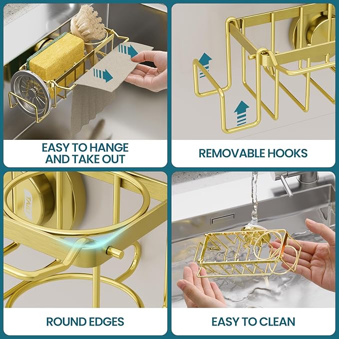 TAILI Sponge Holder with Strong Suction Cup, 4-in-1 Rustproof Sink Organizer