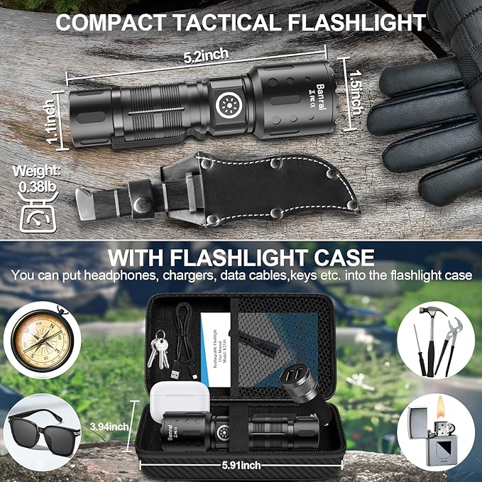 Banral Flashlights High Lumens Rechargeable, Super Bright LED Small Powerful Flashlight with Memory Function, 6Modes Pocket Waterproof Flash Light for Camping,Hiking (1, Black)