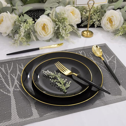 KIRE 60PCS Black Plastic Plates - Black Disposable Plates with Gold Rim for Halloween Party/Graduation - Include 30Pcs 10.25inch for Dinner and 30Pcs 7.5inch for Dessert