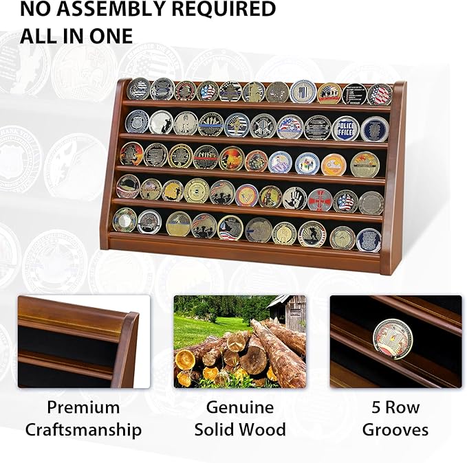 5 Rows Challenge Coin Holder Display Stand Holds 50 Coins for Wall Mount or Tabletop, Solid Wood Military Coin Rack Display Case for Collectibles, Walnut