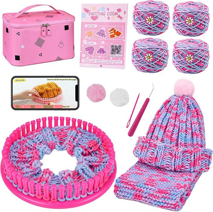 AHCo. Knitting Loom Kit for Girls Ages 6 7 8 10 11 12 – DIY Yarn Craft Set with Looms, Hooks, Storage Bag and Tools, Create Hats, Scarves, Coasters – Fun Gift for Beginners and Kids (Rose)