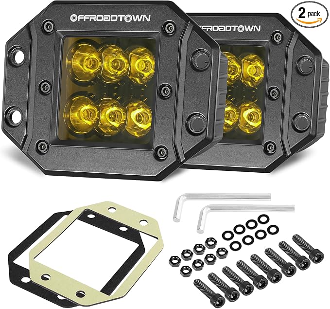 Flush Mount LED Pods Amber, OFFROADTOWN 5'' 12,000LM CREE LED Driving Lights Fog Light Reverse Yellow Backup Lights Off Road Flush Light Bar for Truck Pickup UTV ATV Boat 4x4 Car