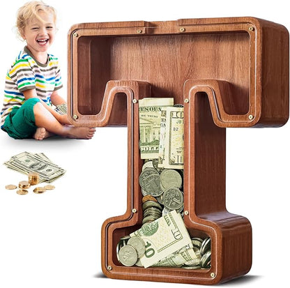 Summidate Large Wooden Piggy Bank for Kids Adults, Alphabets Letter A-Z Piggy Bank for Boys Girls, Coins Bills Change Bank Box Personalized Initial Name Kids Money Bank for Birthday Present and Decor