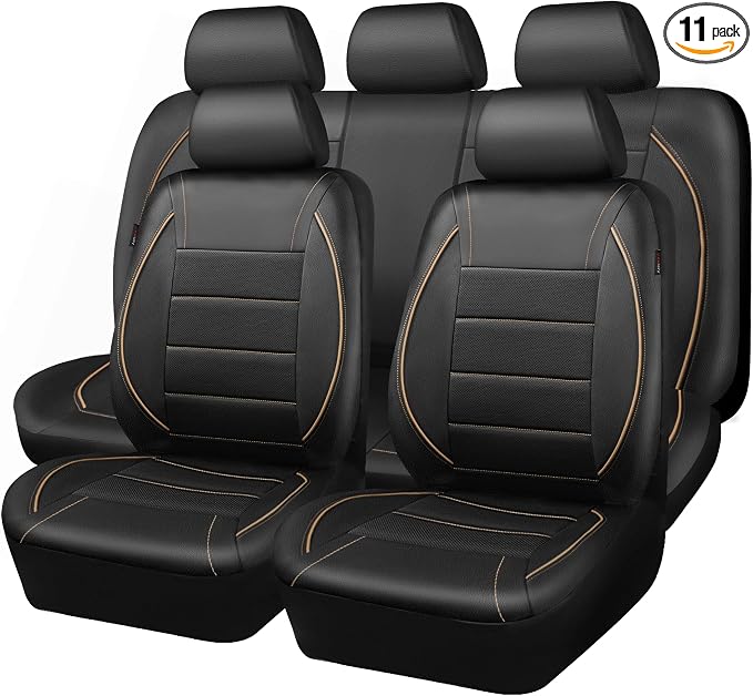 CAR PASS Universal FIT Piping Leather Car Seat Cover, for suvs,Van,Trucks,Airbag Compatible,Inside Zipper Design and Reserved Opening Holes (Full Set, Black and Beige)