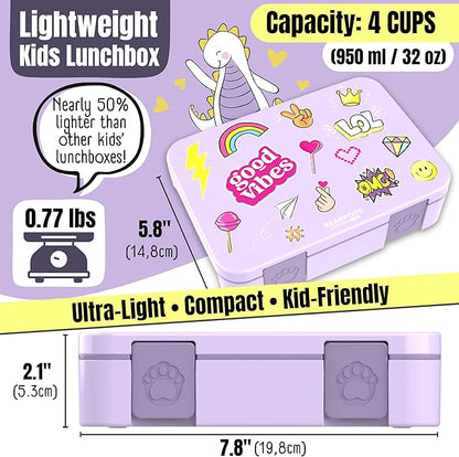 BEARFOOT Kids Lunch Box with Compartments – Compact & Lightweight | Leak-Proof, BPA-Free, Dishwasher & Microwave Safe | Hand-Drawn Design for Preschool, School, Travel (Sticker Purple, 4 Cups)