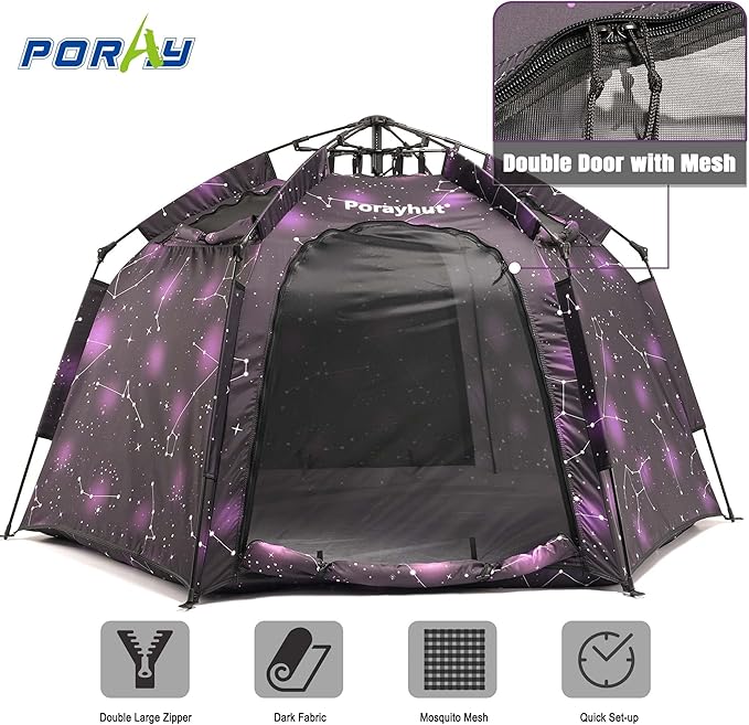 Portable Hexagon Kids Play Tent with LED Strip Lights Indoor Children Play House Easy Set-up Space Dream Tent for Night.4-5 Person Large Tents & Birthday Gifts