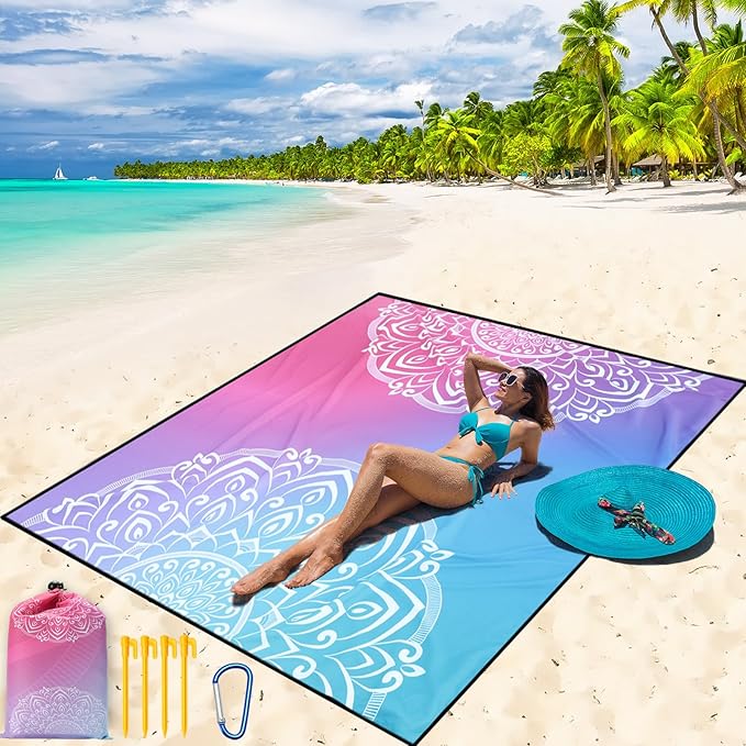 Beach Blanket Waterproof Sandproof Beach Mat 79" X 83"/10'x9'for 2-8 Adults Quick Drying Outdoor Picnic Mat Beach Accessories for Travel, Camping, Hiking