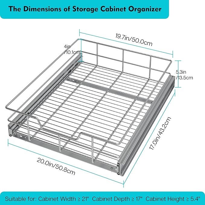 Pull Out Cabinet Organizer 20" W X 17" D, Slide Out Drawers For Kitchen Cabinets, Pull Out Drawers For Cabinets Capacity Heavy Duty Caddy, Cabinet Pull Out Shelves Chrome-Plated, Bathroom Pantry