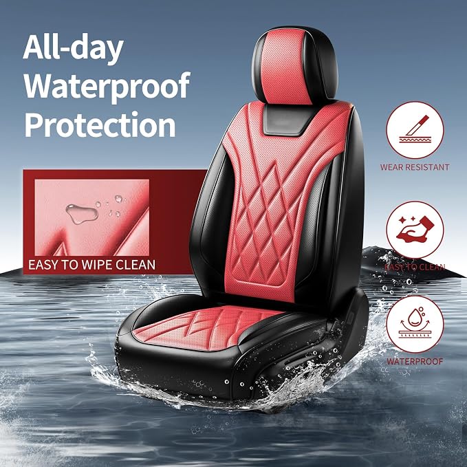 Car Seat Covers Compatible with Hyundai Kona 2018-2025 2026 Waterproof & Breathable Luxury Leather All-Weather Seat Cushions Protectors, Airbag Compatible, Only 2 Front seat Covers (Red)