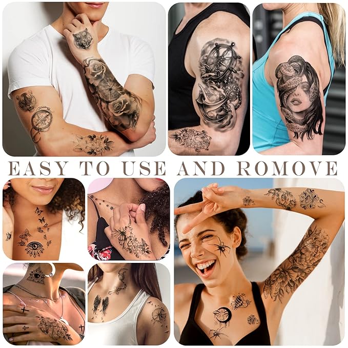 77 Sheets Temporary Tattoo, Half Arm Realistic Lion Wolf Owl Elk Snake Butterfly Rose Fake Tattoos for Girls Boys, Waterproof Temporary Tattoos for Women Men Adults Chest Shoulder Neck Hand