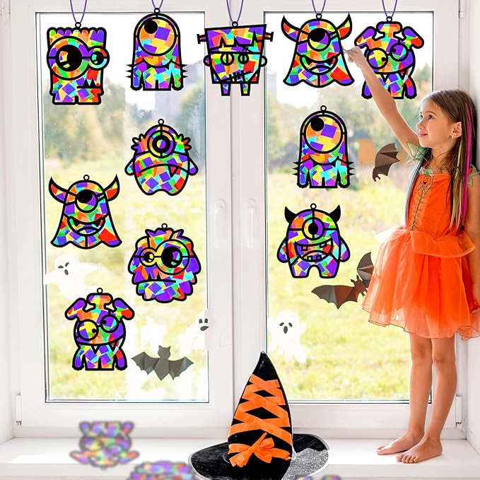 32 Sets Halloween Monster Suncatchers Craft Kit DIY Window Stained Glass Effect Halloween Monster Paper Crafts Home School Classroom Decoration Kid Birthday Gift Creative Art Project Activity Game