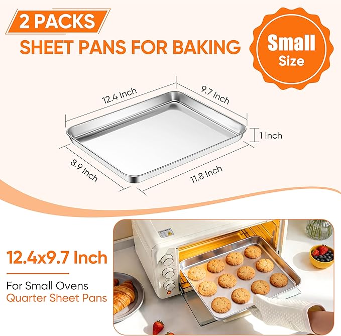 LIANYU Stainless Steel Baking Sheet Pans of 2, 12.4x9.7 Inch Quarter Sheet Pan