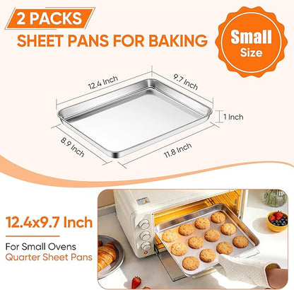 LIANYU Stainless Steel Baking Sheet Pans of 2, 12.4x9.7 Inch Quarter Sheet Pan