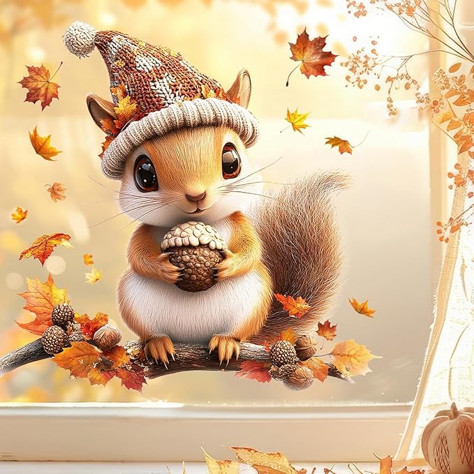 Fall Window Clings for Glass Thanksgiving Static Cling Window Decals 1PCS Cute Squirrel Maple Leaves Autumn Reusable Window Stickers Home School Office Decorations