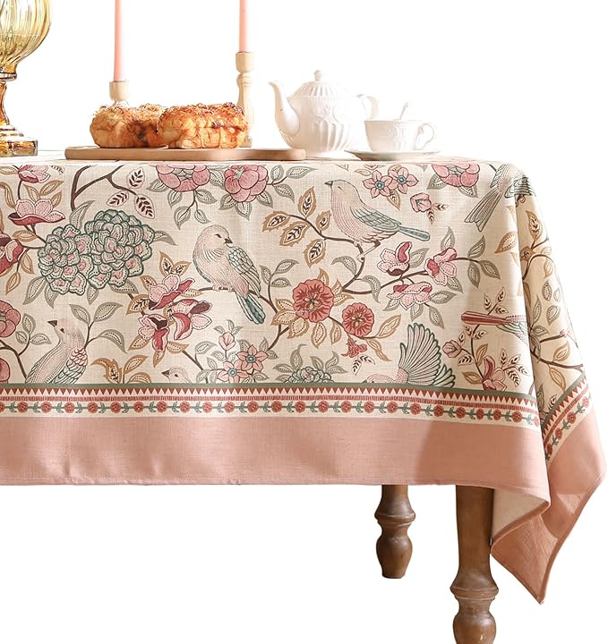 patdrea Designer Pink Linen Table Cloth for Rectangle Table,Vintage Floral with Birds Pattern Decorative Tablcloth,French Table Cover for Kitchen Dining,Thanksgiving,Christmas,55"x87"-Kulom a