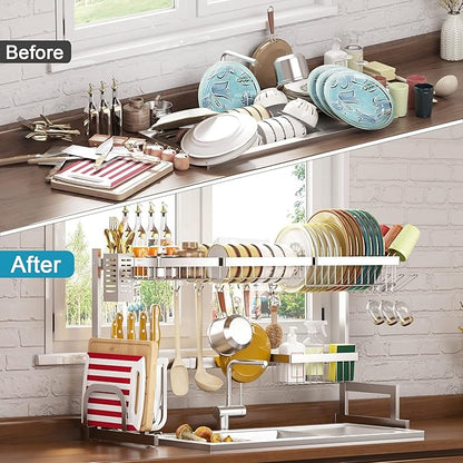PUSDON Over Sink Dish Drying Rack Stainless Steel, Adjustable Large Dish Drainer