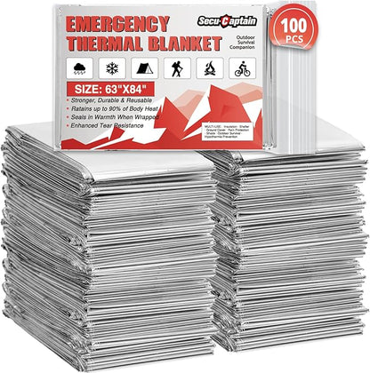 SecuCaptain Survival Emergency Thermal Blankets: 100 Pack Extra Large 84??x63??Space Mylar Blanket Kit for Outdoor Cold Winter Camping Hiking Car Bug Out Bag or First Aid