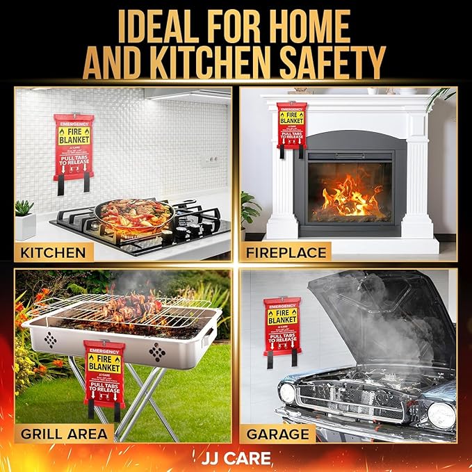 JJ CARE Fire Blanket ??5 Packs with Hooks ??40??x 40??Fire Blankets Emergency for Home and Kitchen, High Heat Resistant and Flame Protection for Kitchen, Car, Office, Camping & Home Safety