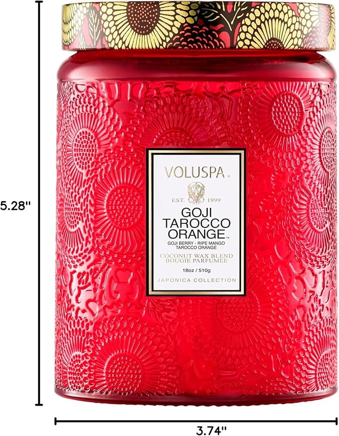 Voluspa Goji Tarocco Orange, Large Candle Jar, 18 oz, 100 Hour Burn Time, All Natural Wicks and Coconut Wax for Clean Burning, Vegan, Poured in the USA