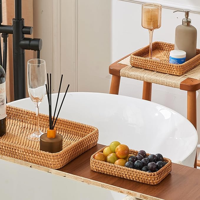Rattan Tray Set of 3, Rectangular Woven Wicker Tray, Natural Wicker Rattan Serving Baskets for Table Kitchen Bathroom Counter Organizing